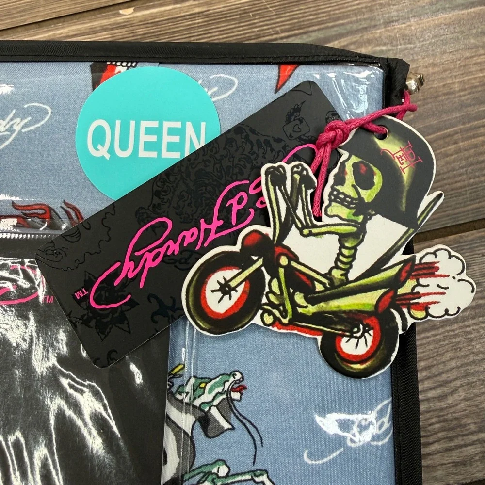 Ed Hardy Queen Sheet Set 6 Piece Blue Tattoo Print Skulls Dagger New‎